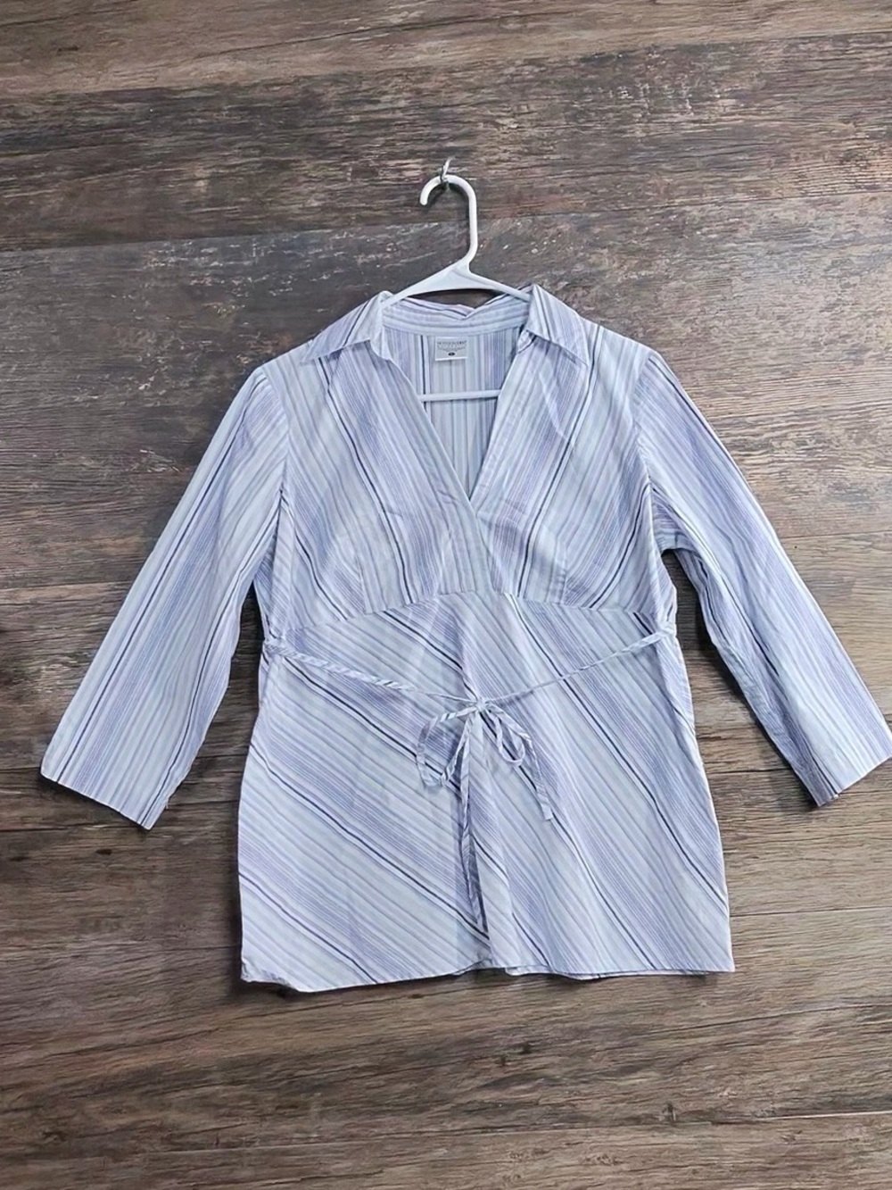 Motherhood Blue and White Striped Wrap-Style Maternity Blouse